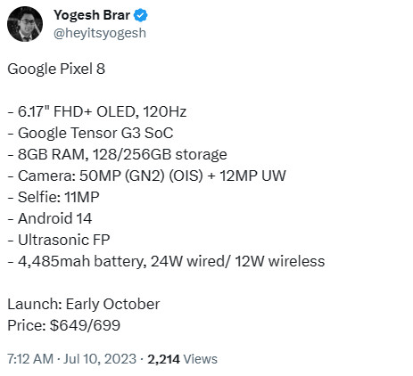 Yogesh Brar Pixel 8 specs pricing Twitter July 2023