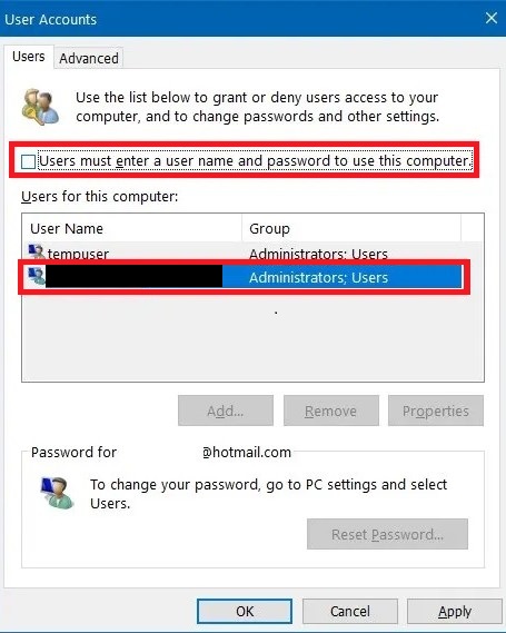 remove login password windows 10