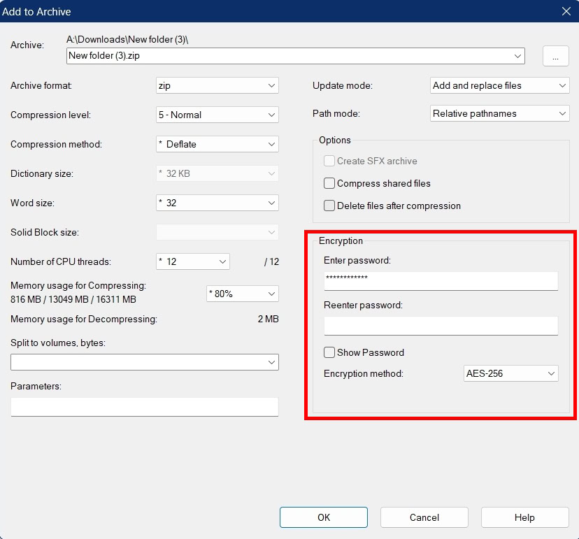 7 zip encryption dialog box