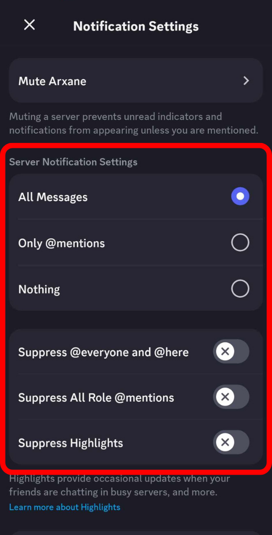 discord mobile app server notification settings