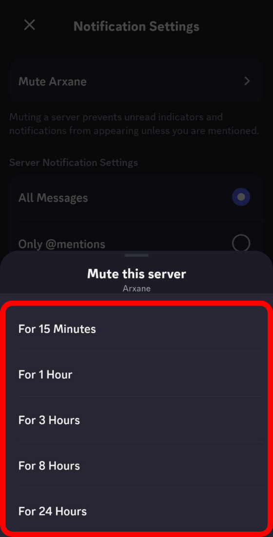 discord mobile app mute this server duration