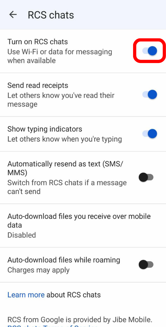 google messages settings RCS chats button
