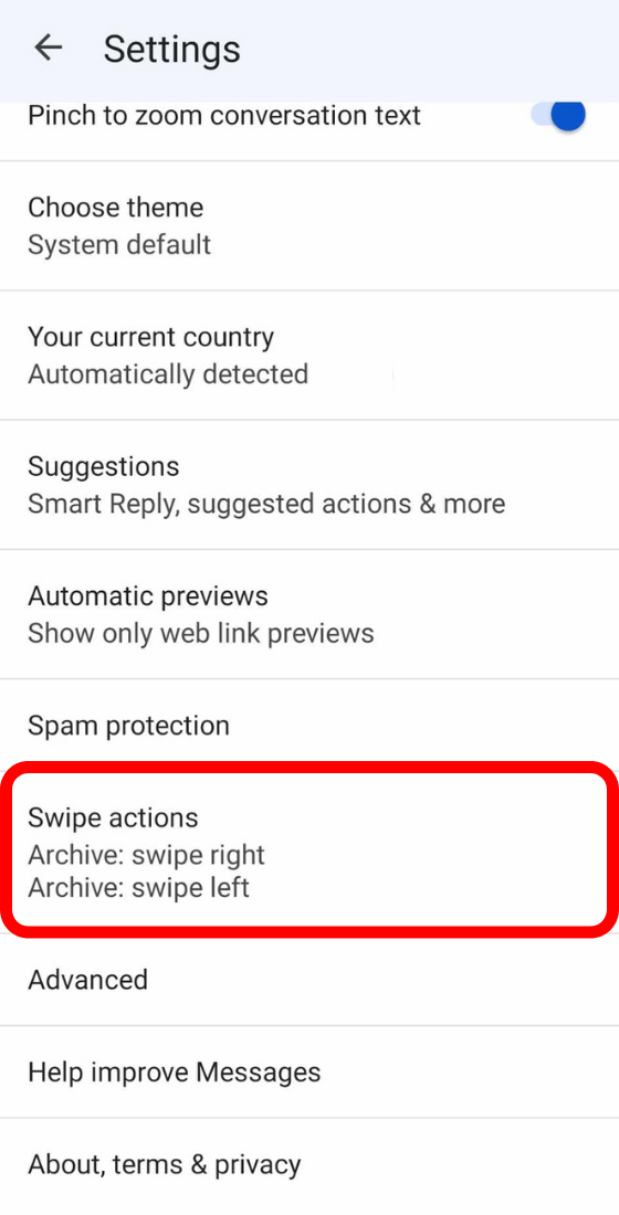 google messages settings swipe actions