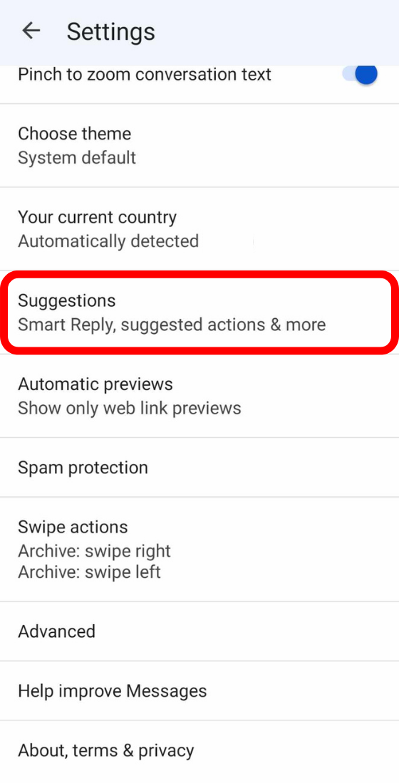 google messages settings suggestions