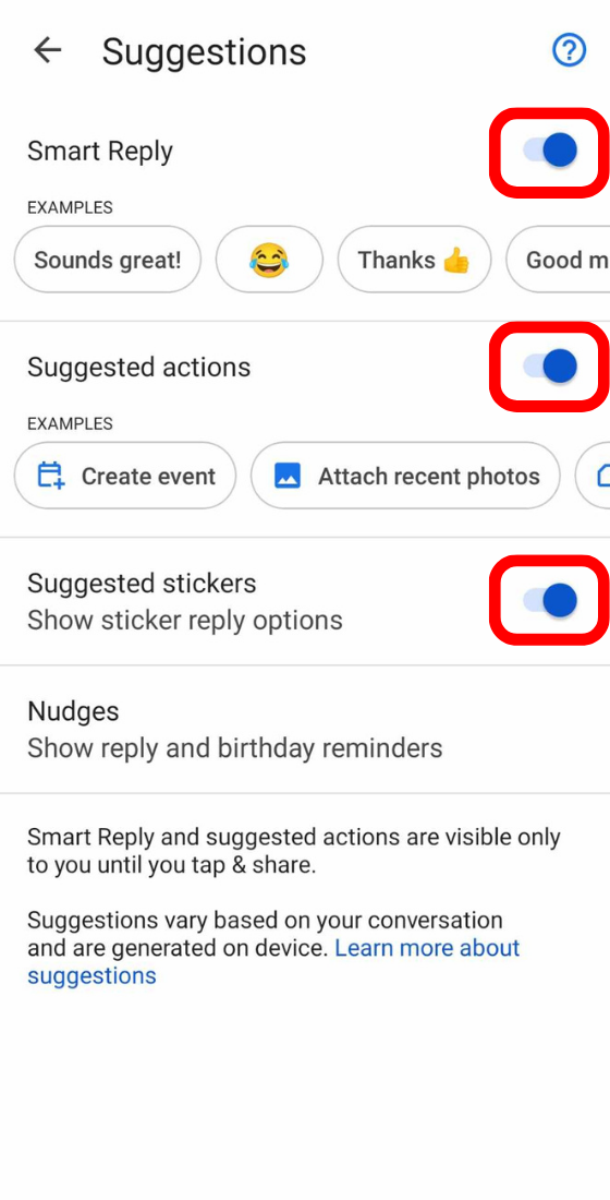 google messages settings suggestions messages actions stickers