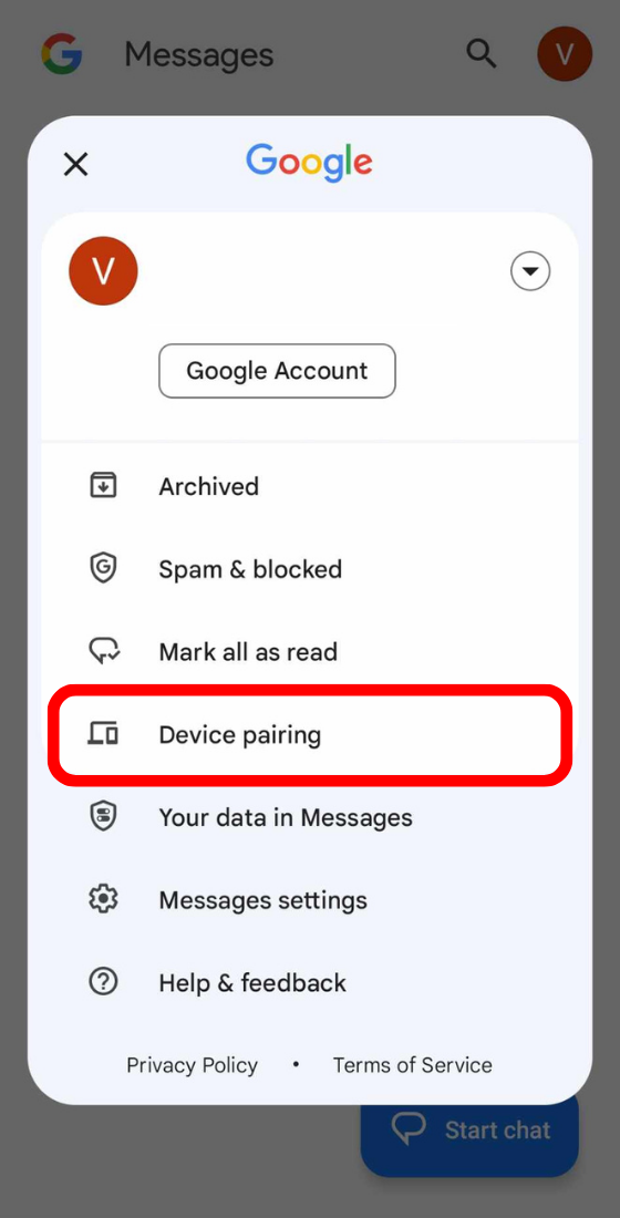 google message profile window device pairing
