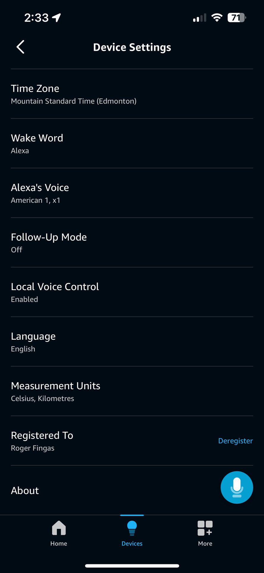 Alexa app Device Settings wake word