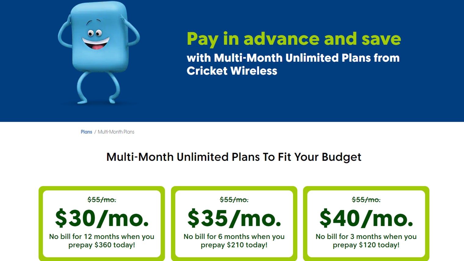 Cricket Wireless Multi Month Unlimited Plans