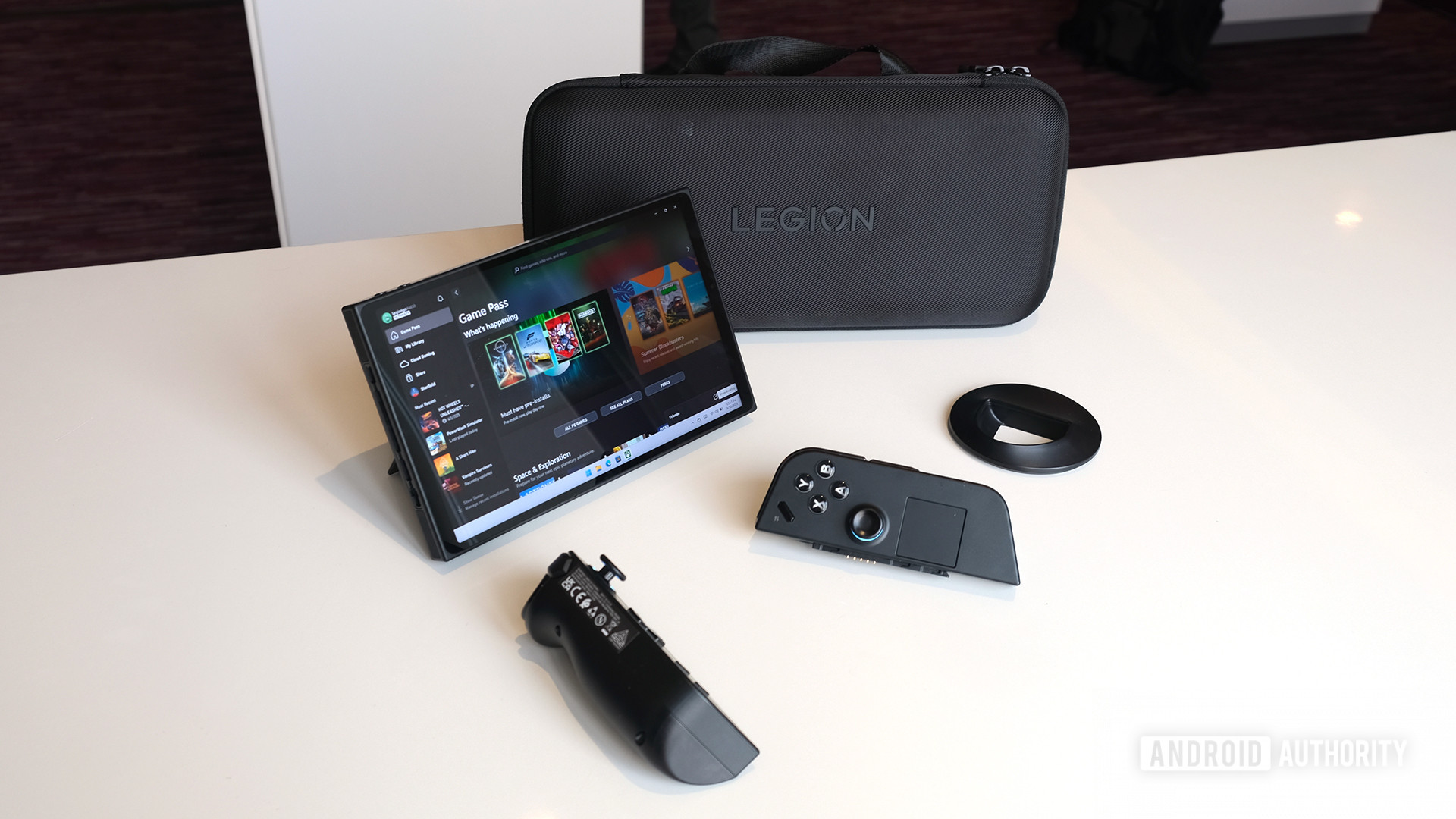 Lenovo Legion Go With Carrying Case And Controller Stand Side View