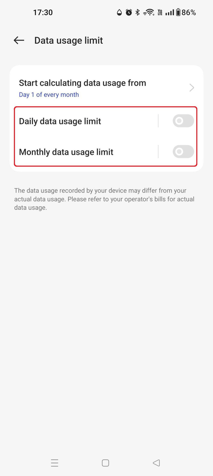 OnePlus 10 Pro Data Usage Menu