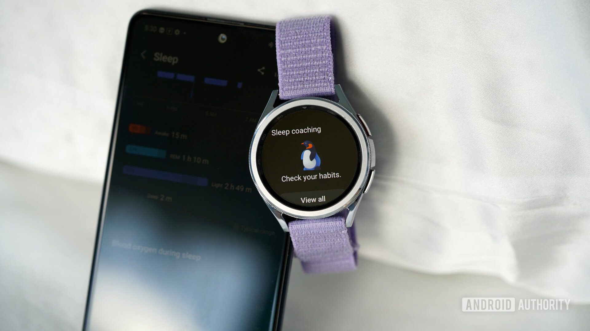 A Galaxy Watch and Galaxy phone each display sleep related features.