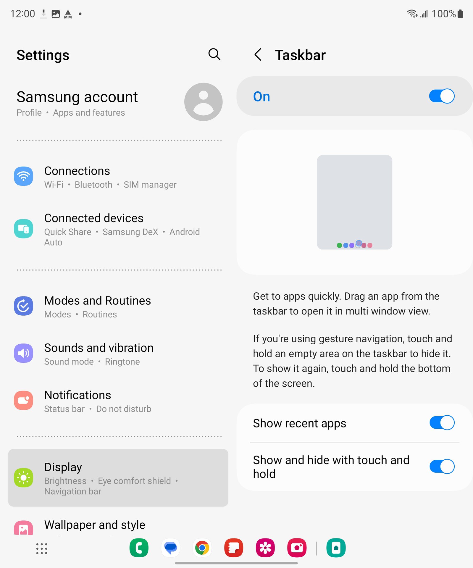 Samsung Galaxy Z Fold Display settings taskbar