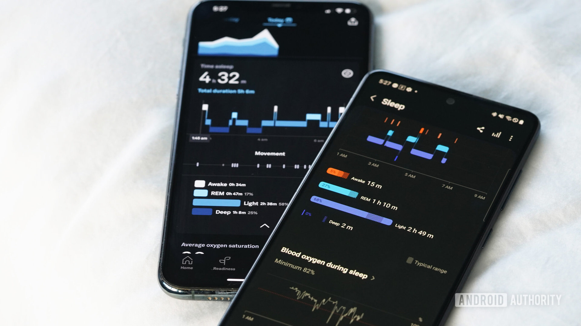 Two smartphones display sleep tracking in the Samsung Health app and Oura app.