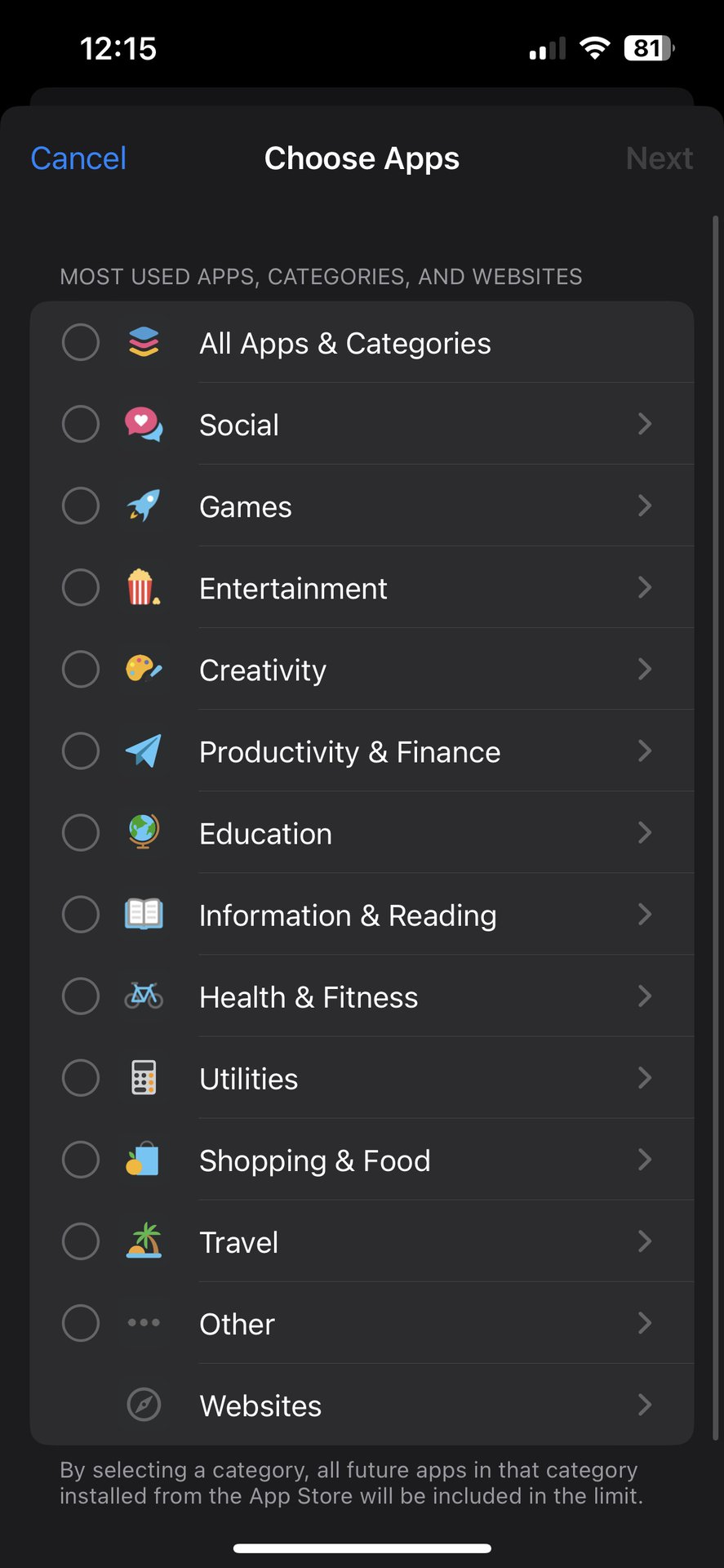 Screen Time app limit categories