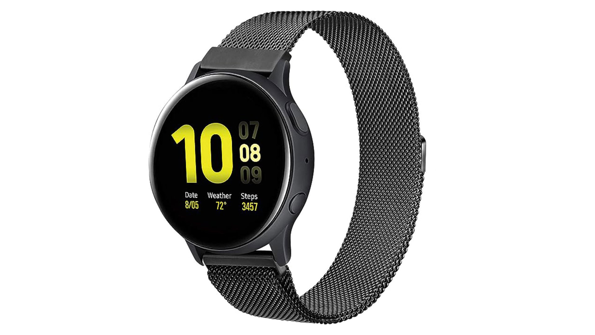 A Wanme Metal Mesh band in black features a magnetic clasp for an adjustable fit.