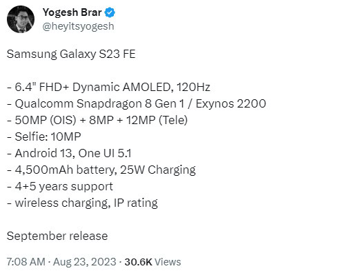 Samsung Galaxy S23 FE with 6.4″ FHD+ 120Hz AMOLED display, Snapdragon 8 Gen  1 / Exynos 2200, IP68 ratings announced