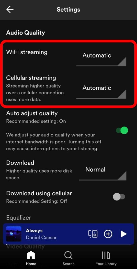 spotify mobile app settings audio quality streaming