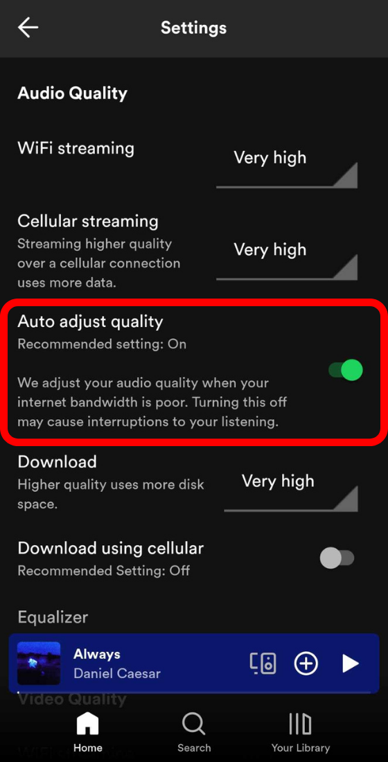 Spotify mobile app settings auto adjust quality