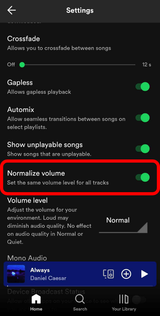 Spotify mobile app settings and privacy normalize volume
