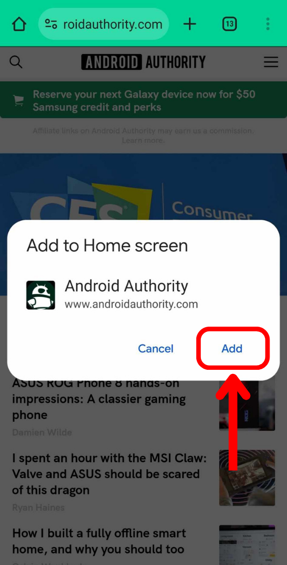 google chrome website add to home screen add button