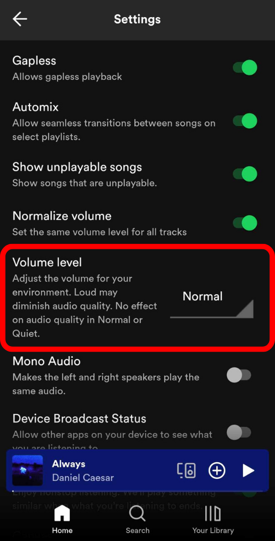 Spotify mobile app settings and privacy volume level