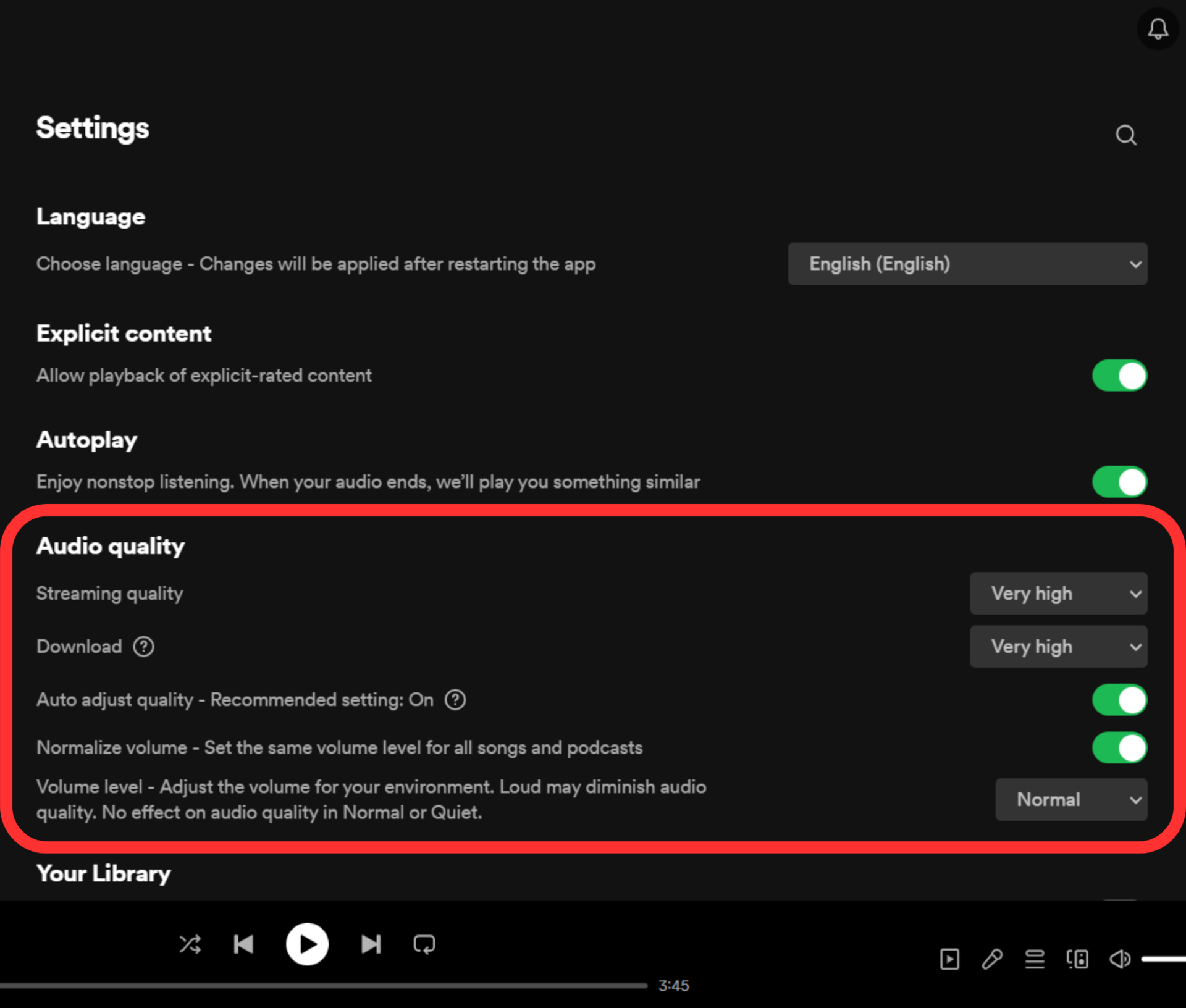 Spotify desktop app settings audio quality section