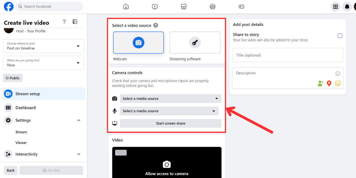 Desktop Facebook Livestream setting Camera controls section