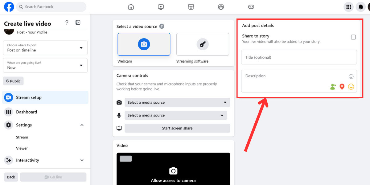 Desktop Facebook Livestream setting Post details box