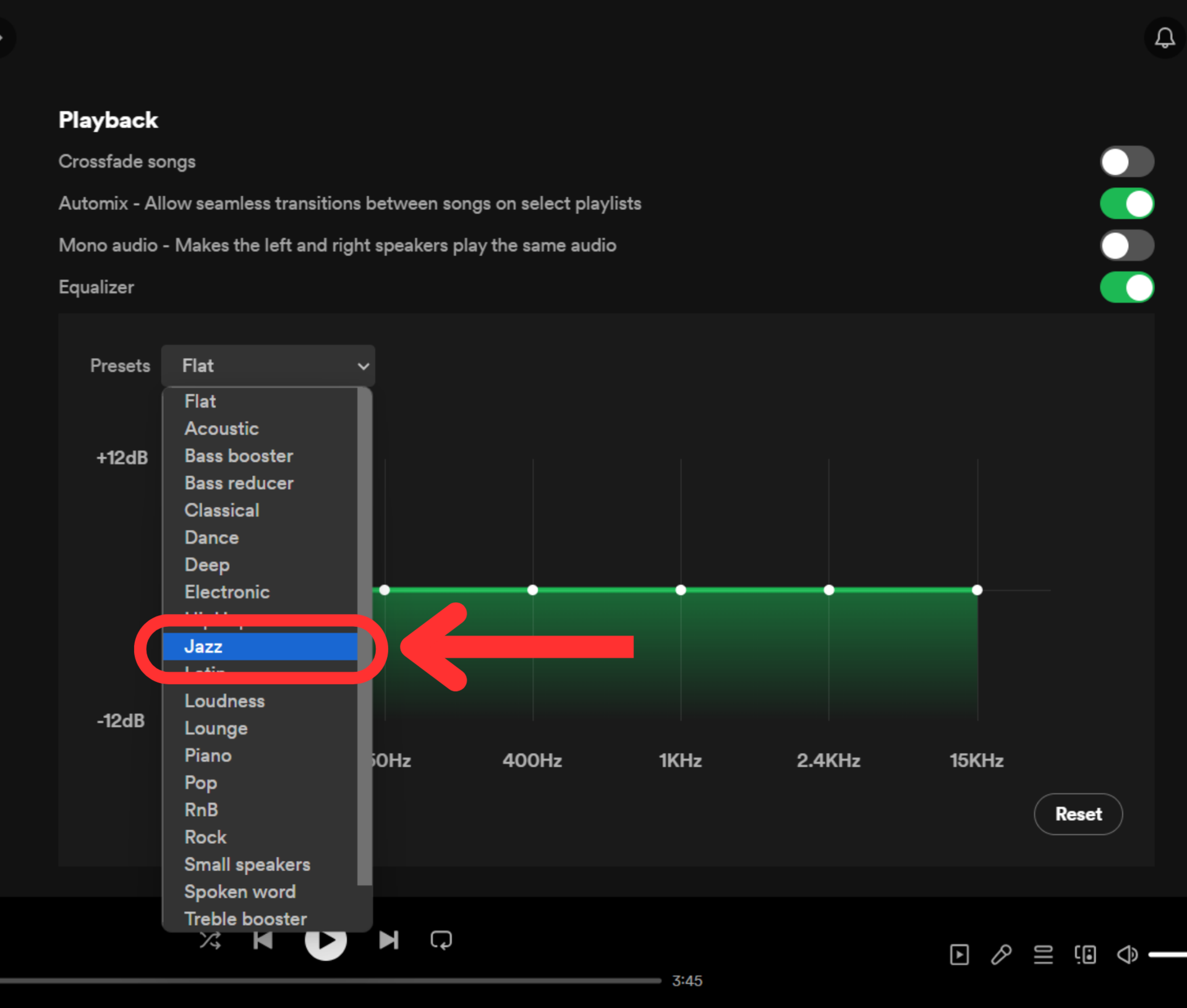 spotify desktop app settings equalizer preset jazz