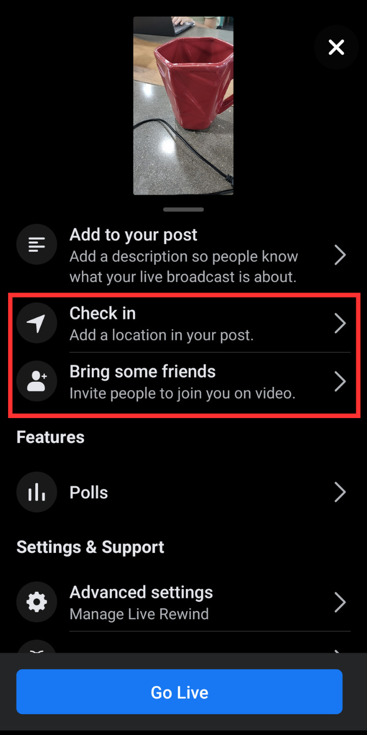Facebook Livestream More Menu Check in button Bring some friends button