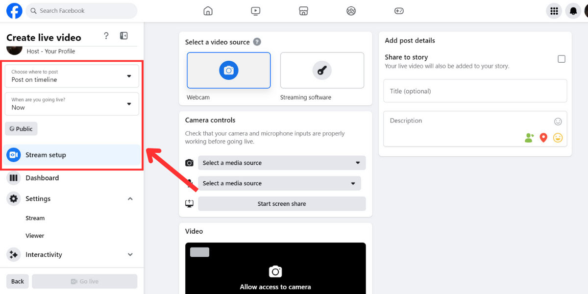 Desktop Facebook Livestream setting 