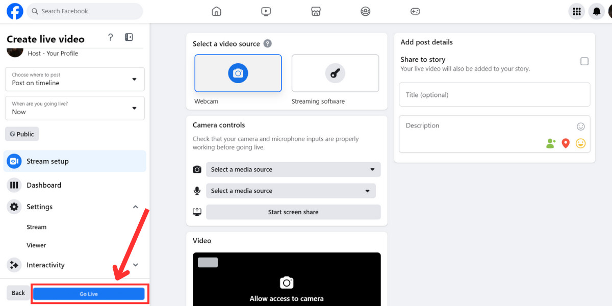 Desktop Facebook Livestream setting Go live button