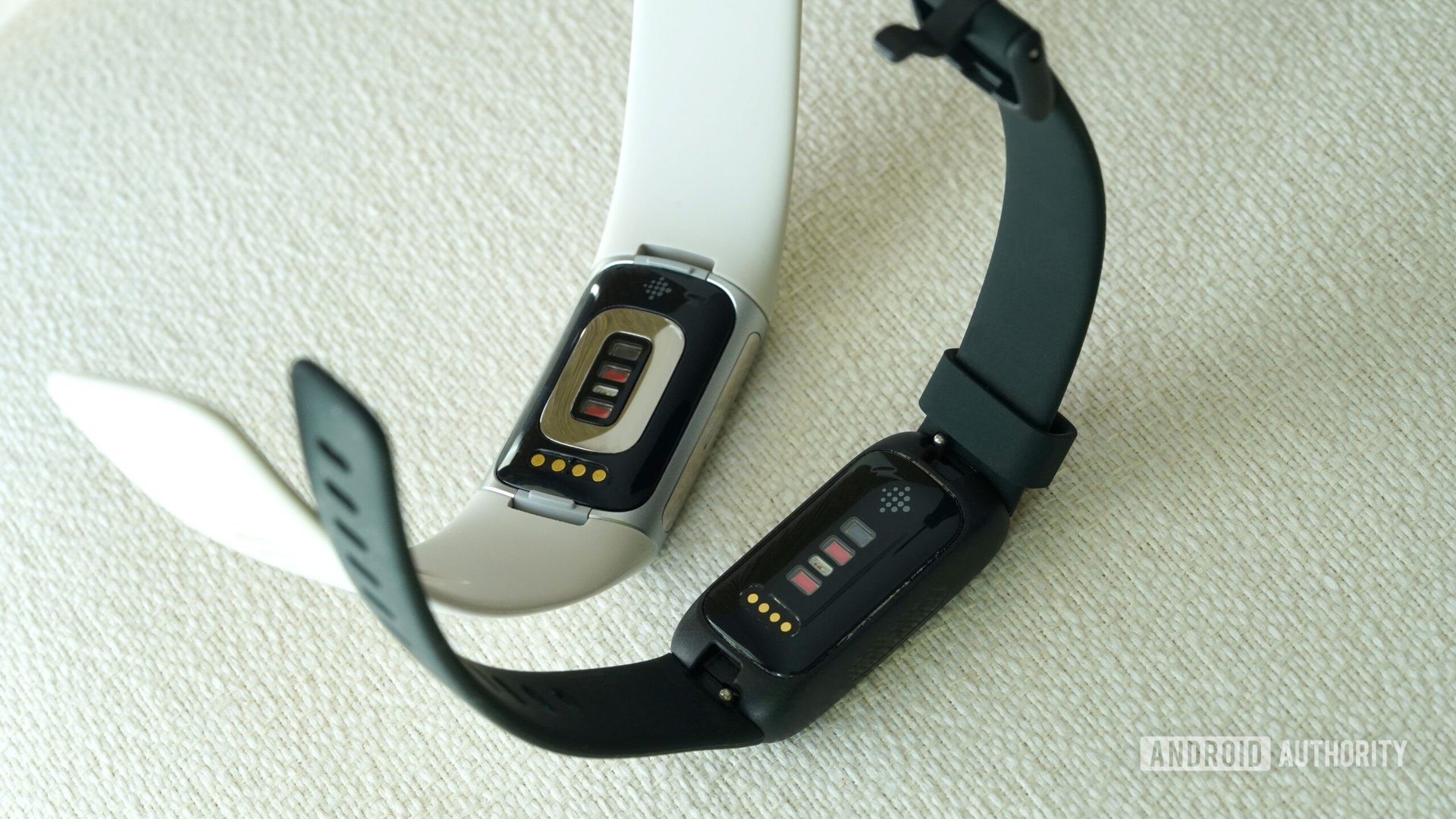 A Fitbit Charge 6 and Inspire 3 rest face down with their sensors displayed.