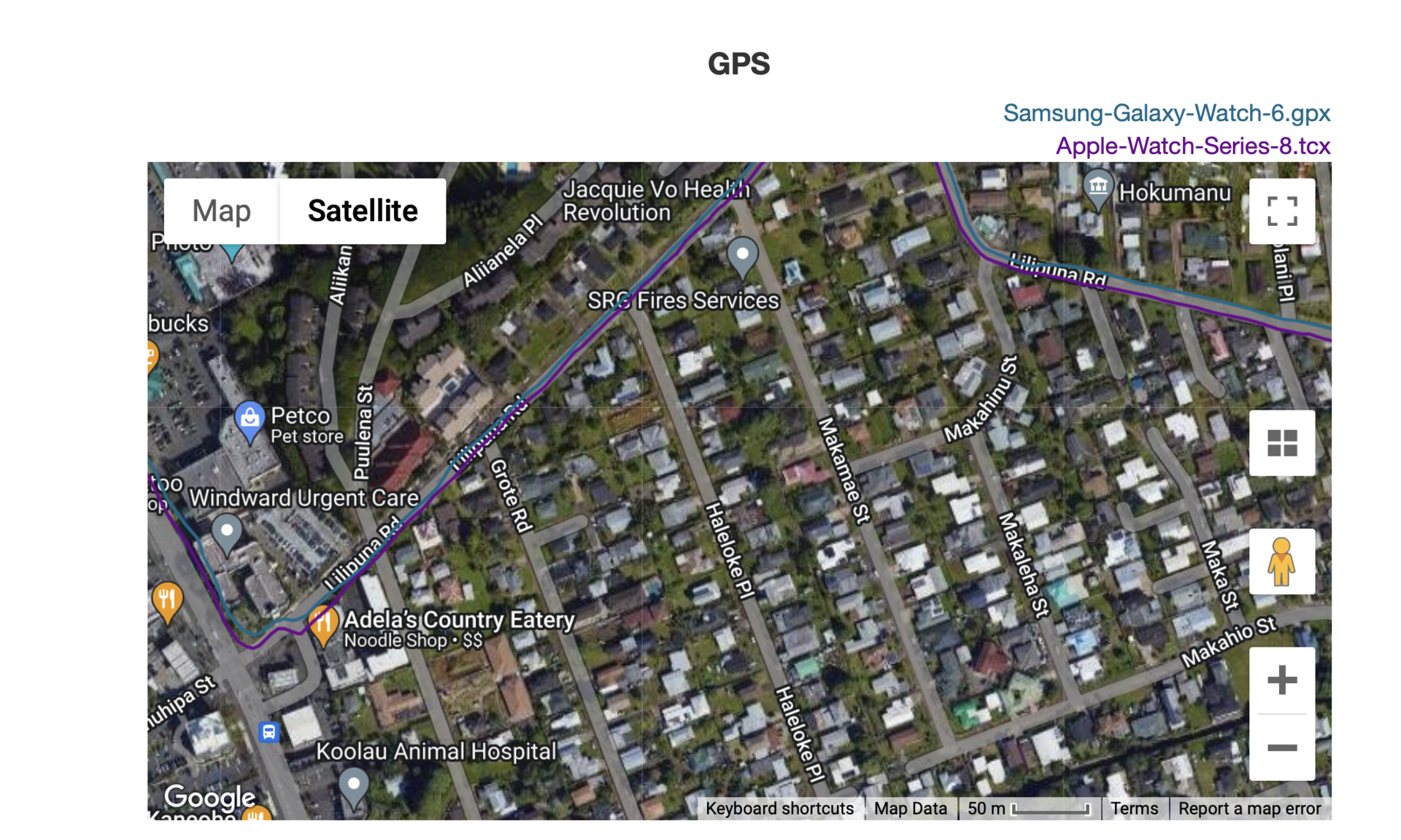 A GPS map shows a comparison of the Galaxy Watch 6 vs Apple Watch Series 8.