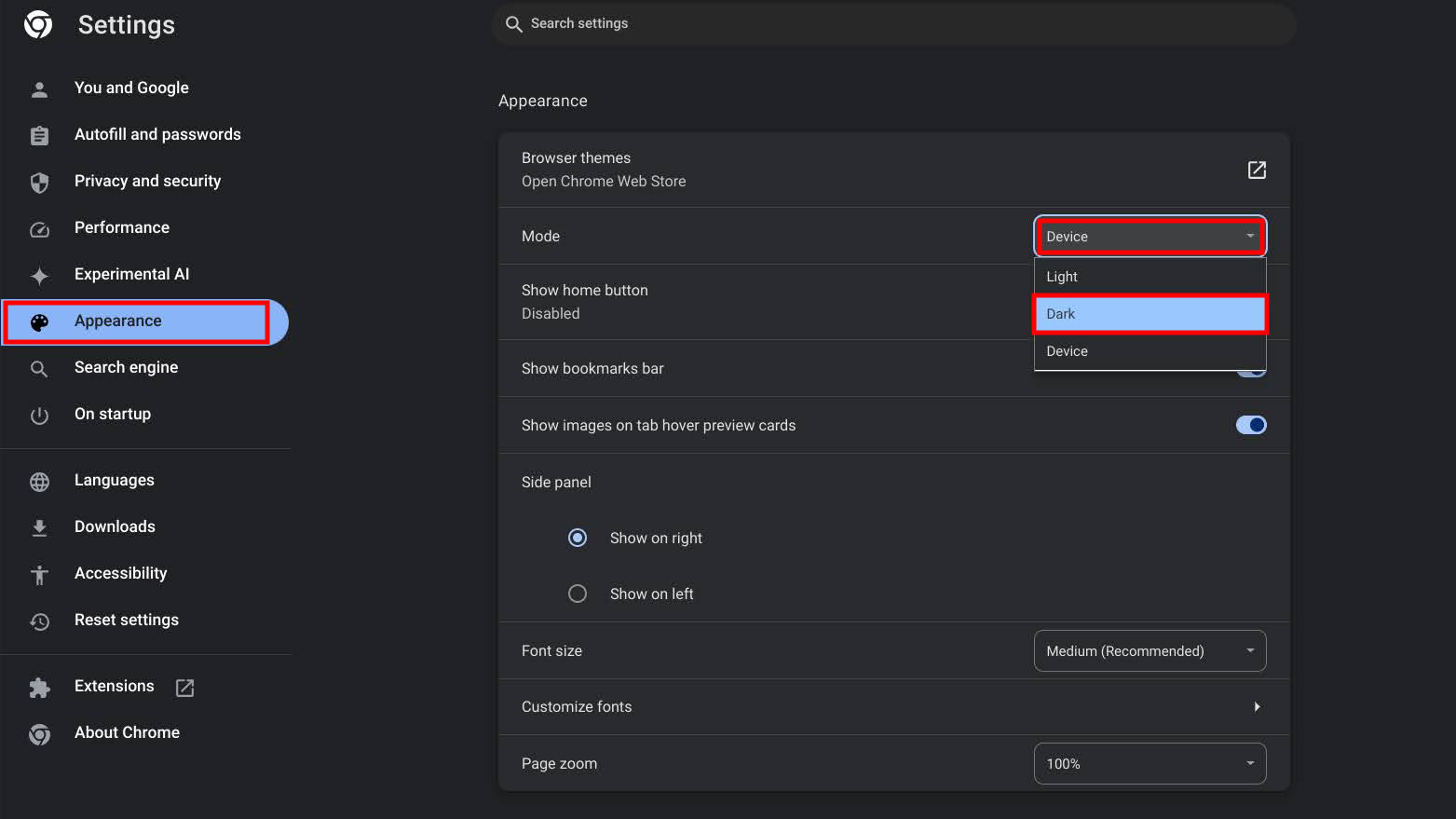How to enable Chrome dark mode in the settings (2)