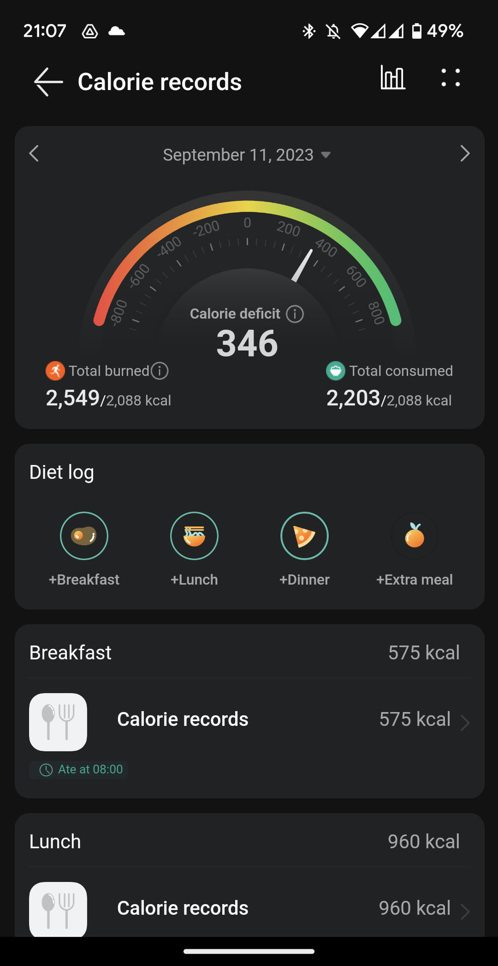 Huawei Health calorie counter screen