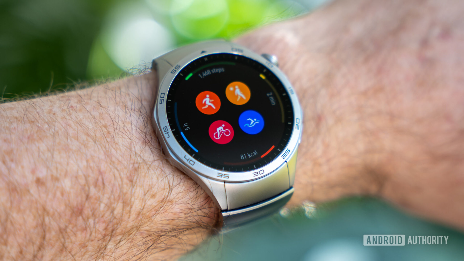 Huawei Watch GT 4 smartwatch on wrist showing activity shortcuts screen
