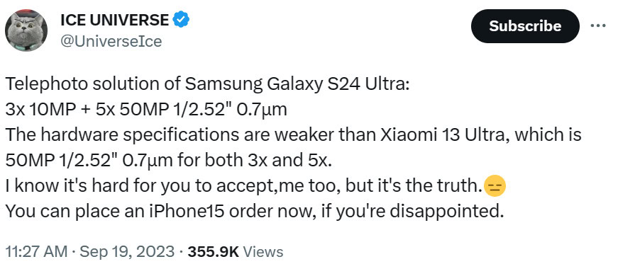 Ice Universe Galaxy S24 Ultra 3x and 5x