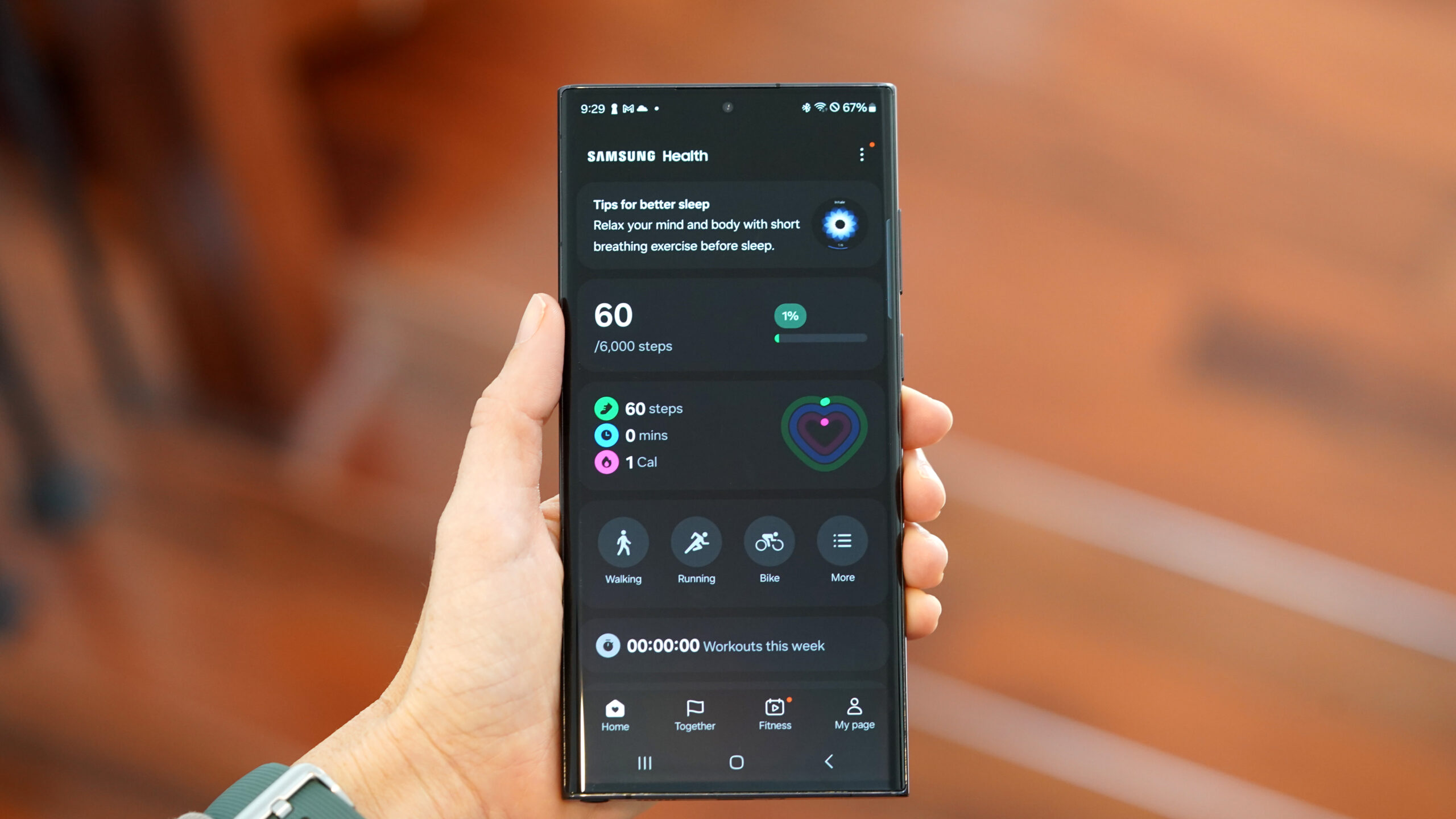A Samsung Galaxy S22 Ultra displays the Samsung Health app.
