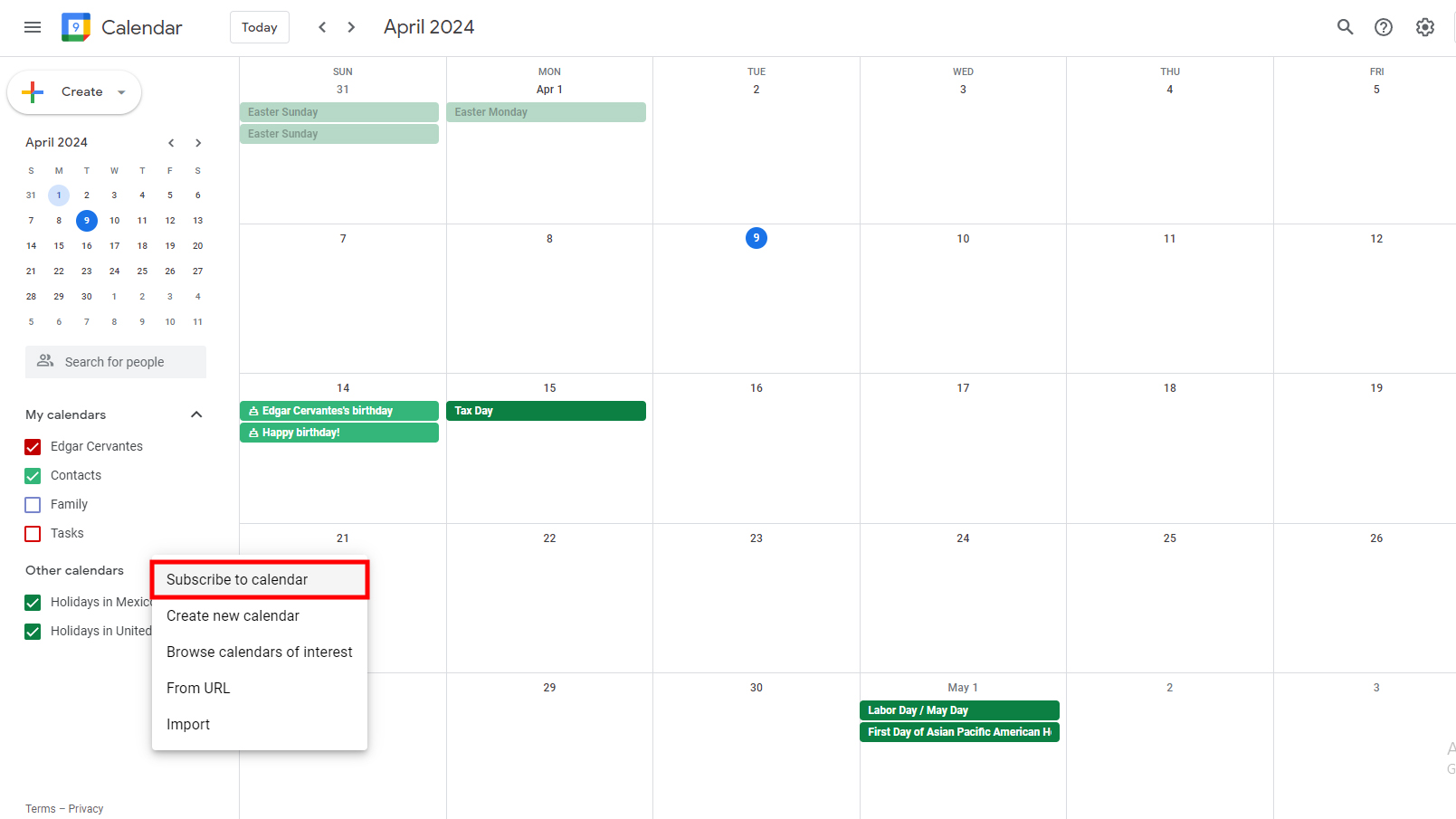 Subscribe to calendar on Google Calendar (2)