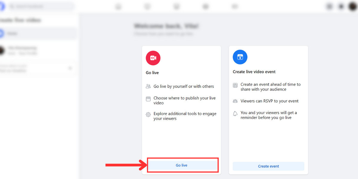 Desktop Facebook Live video page Go live button