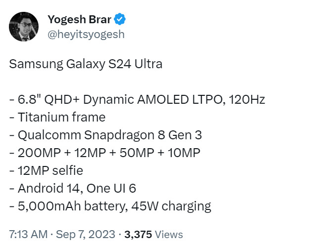 Yogesh Brar S24 Ultra specs