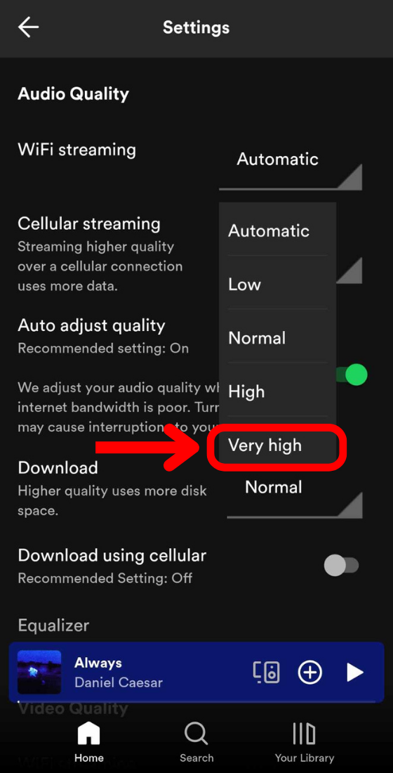 spotify mobile app settings audio quality streaming very high