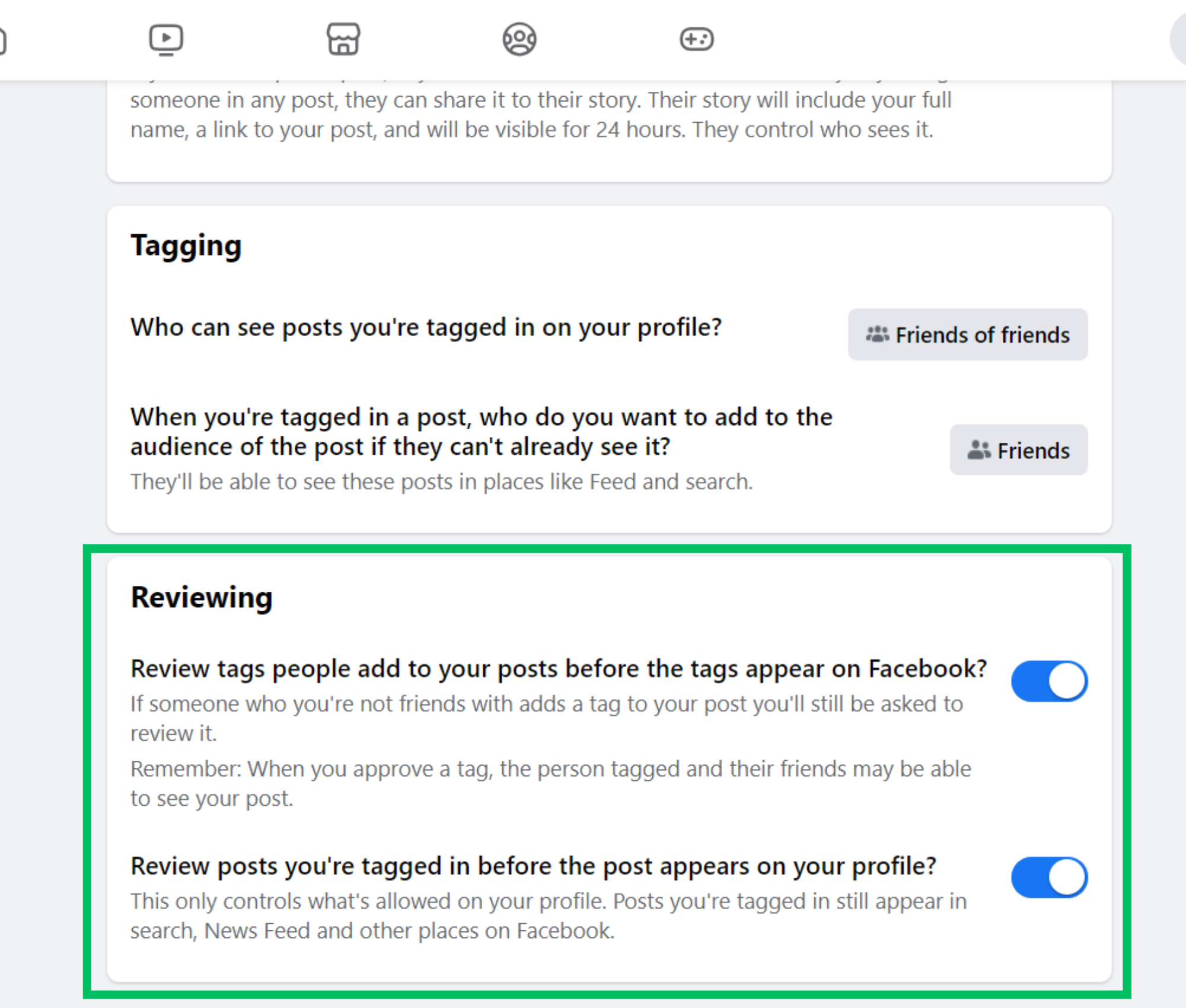 Facebook desktop settings & privacy profile and tagging reviewing