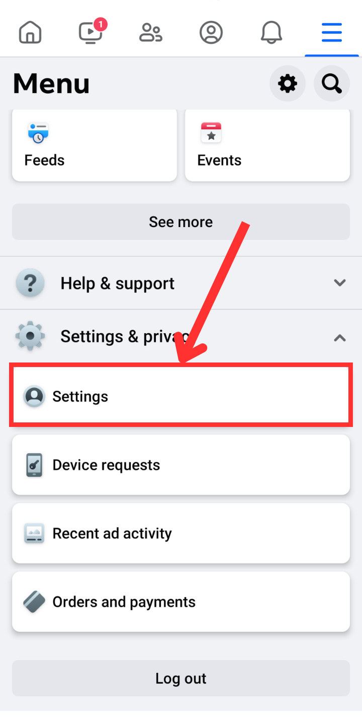 Facebook app Options menu Settings button