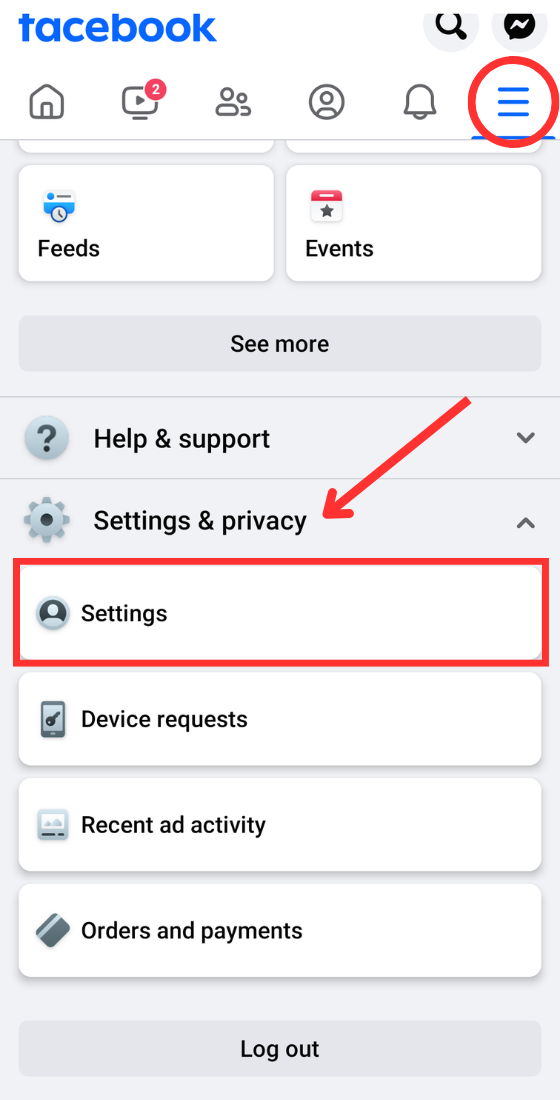 Facebook app menu option settings & privacy Settings