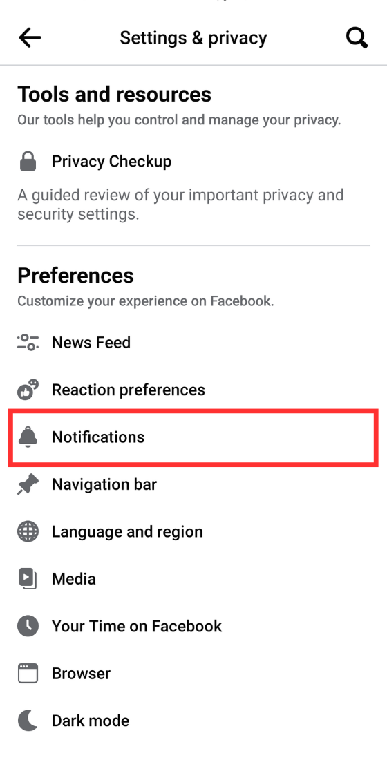 Facebook app settings option notifications