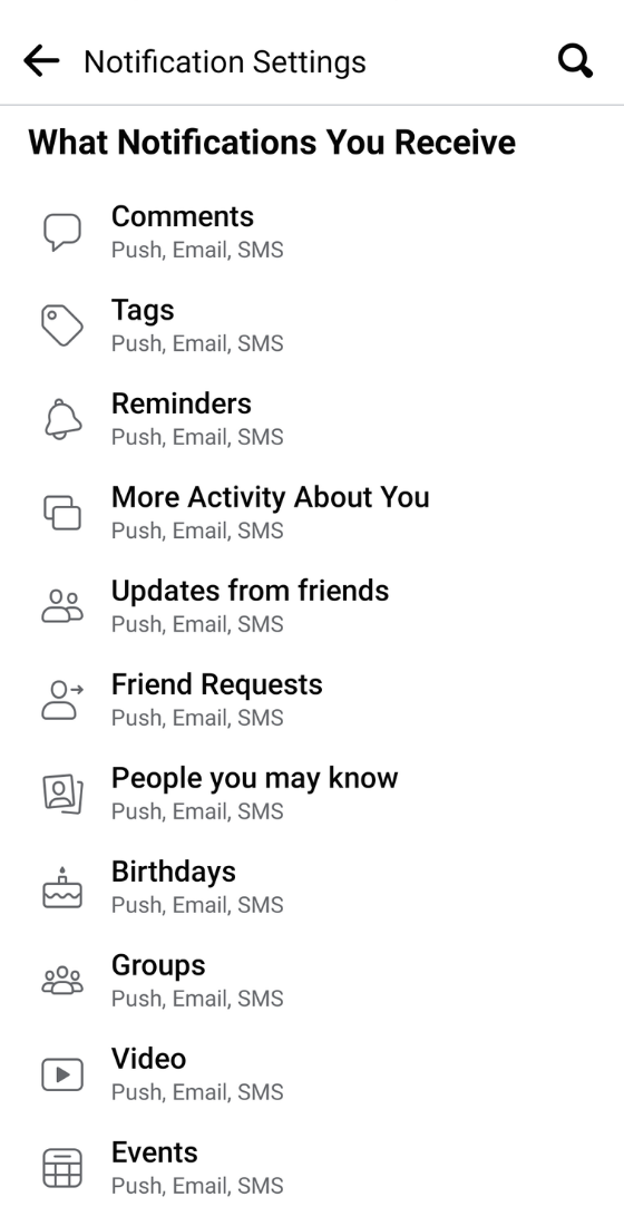 Facebook app notification settings