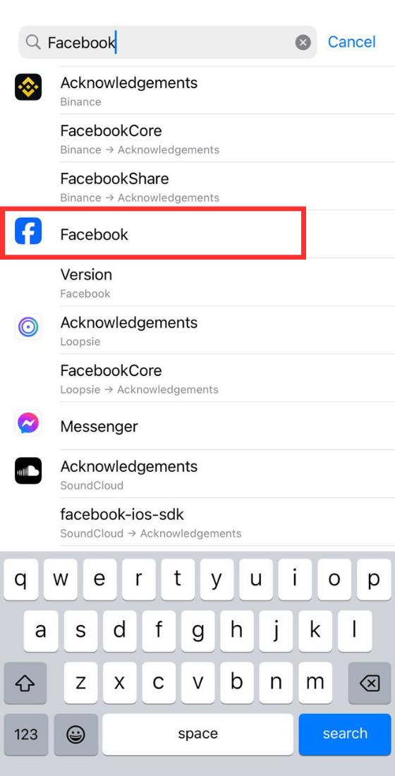 iOS phone Settings search bar Facebook app