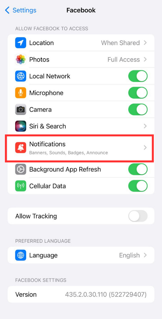 iOS phone Application settings Notifications button